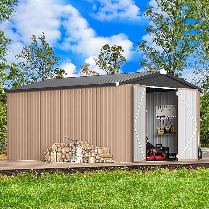 U-MAX 10x14 Outdoor Storage Shed, Large Metal Outside Storage Garden Sheds & Outdoor Storage Shed Clearance, Tool Shed Lockable for Backyard, Patio and Outside Use in Gray