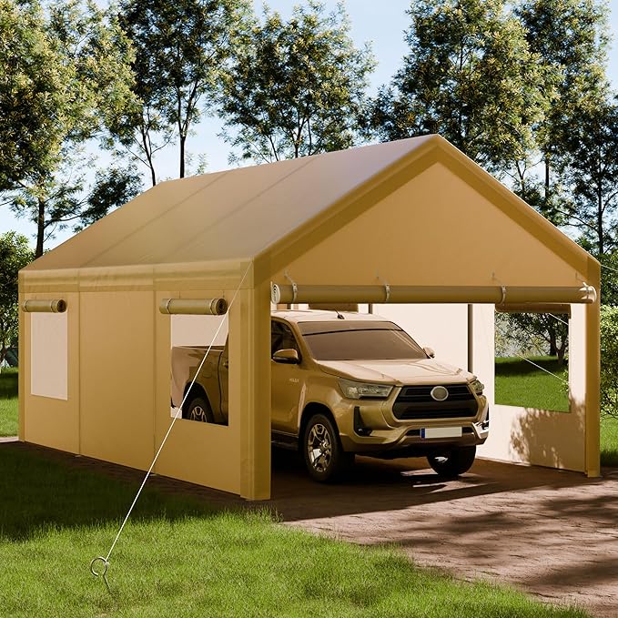 Shintenchi Carport 12' x 20' Heavy Duty Portable Garage, Car Port Canopy with Side-Opening Removable Door & Roll-Up Windows, Car Canopy for Truck,Car,Boat,Motorcycle,Khaki