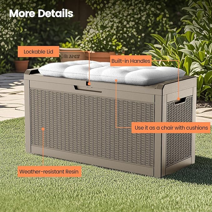 60 Gallon Outdoor Storage Box - Waterproof Resin Rattan Deck Bin for Indoor & Outdoor Use - Lockable & UV Resistant - Ideal for Package Storage, Patio Cushions & Gardening Tools, Brown