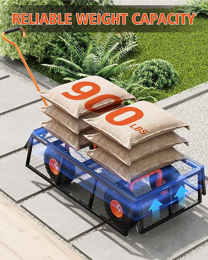 Heavy Duty Steel Garden Cart, 900 LBS Capacity 3 in 1 Pullable Garden Wagon with 10" Wheels, for Gardening Soil, Tools, and Plant Transport