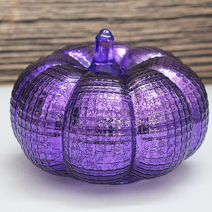 Mercury Glass Pumpkin Lights with Timer, Battery Operated Led Pumpkin Lights for Halloween Fall,Thanksgiving Rustic Decor (Purple Grid-Patterned, 5.5")
