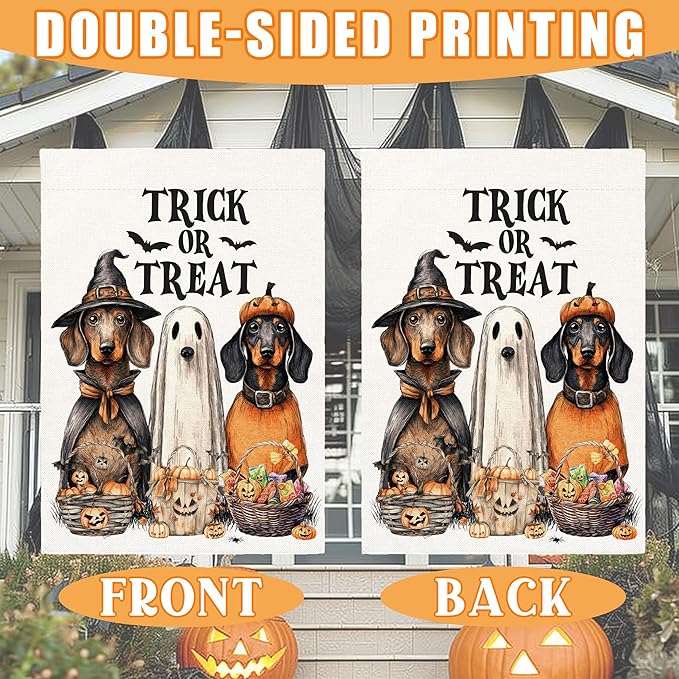 Trick or Treat Halloween Garden Flag for Outside, 12x18 Inch Double Sided Halloween Dog Pumpkin Ghost Bats Yard Flag, Farmhouse Small Yard Flags for Outdoor Decorations, Holiday Decor Gifts-A04