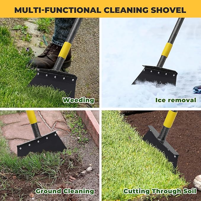Flat Shovel for Landscaping, Heavy Duty Floor Scraper Long Handle 63", Multifunctional Garden Shovel for Digging, Weeding, Scraping, Ice Remove (2 Blades)