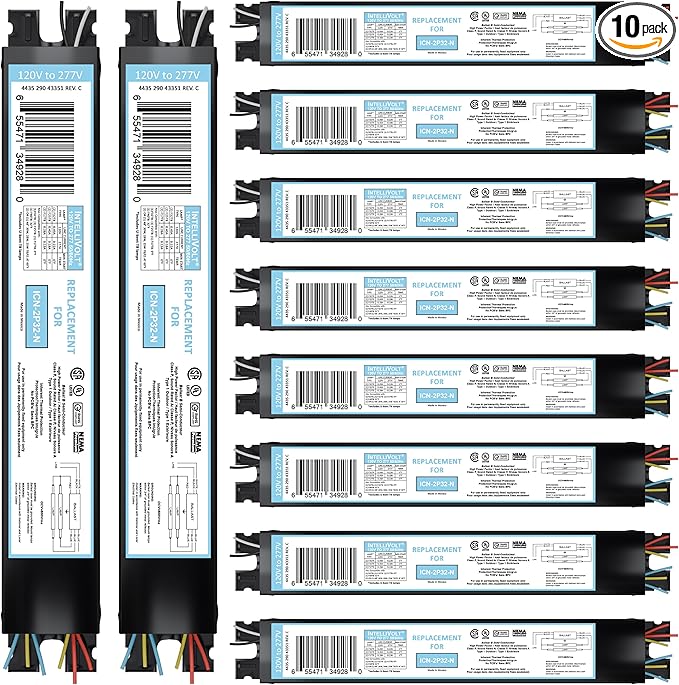 10 Pack - Replacement for ICN-2P32-SC 1 & 2 Lamp T8 Fluorescent Electronic Ballast - 120-277 Volt - Instant Start - UL Approved