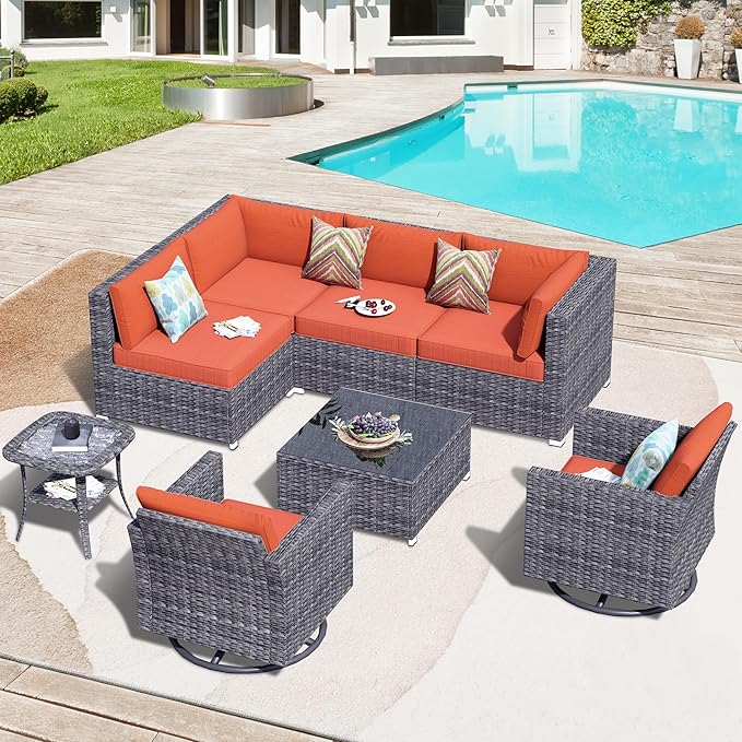 HOOOWOOO 8 Piece Patio Sectional Furniture Set with Swivel Rocking Chairs,Modern Wicker Outdoor Conversation Sofa Sets,Weather Resistant Modular L Shaped Outside Couch Set(Orange Red)