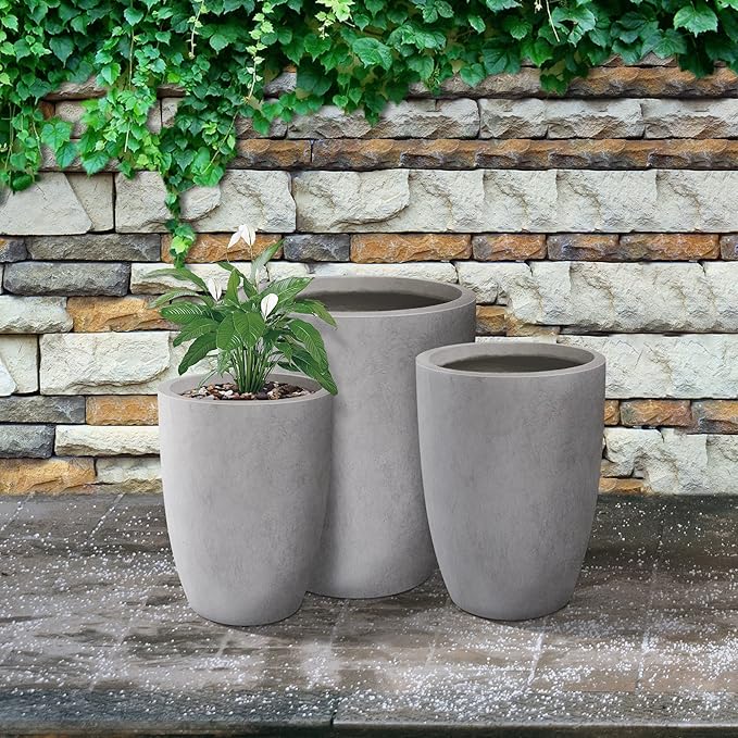 Kante 18.1",20.5",22.4" H Tall Round Concrete Planters Set of 3, Outdoor Indoor Modern Decorative Plant Pots with Drainage Hole & Rubber Plug for Home & Garden Natural Concrete