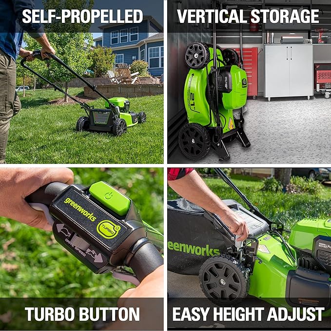 Greenworks 48V (2x24V) Cordless Yard Tool Combo - 21" Self - Propelled Mower, 12" Trimmer, Blower, 24V Multi - Tool + 3 Batteries & 2 Chargers