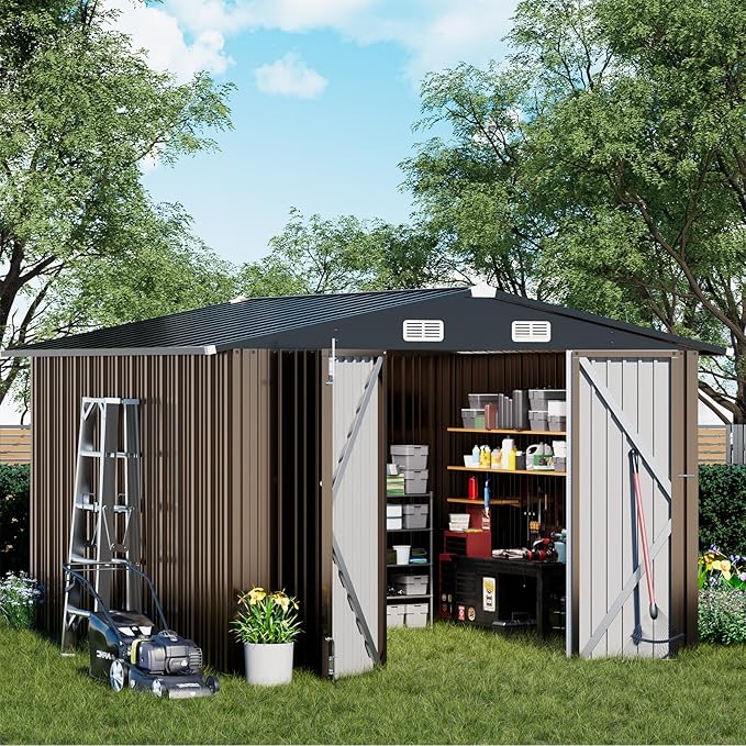COMHOMA Shed Outdoor Storage Shed Metal,Lockable Doors Tool Sheds with Sloping Roof,Steel Garden Shed with Air Vent for Backyard,Patio,Lawn,Poolside (Brown, 10'*10')