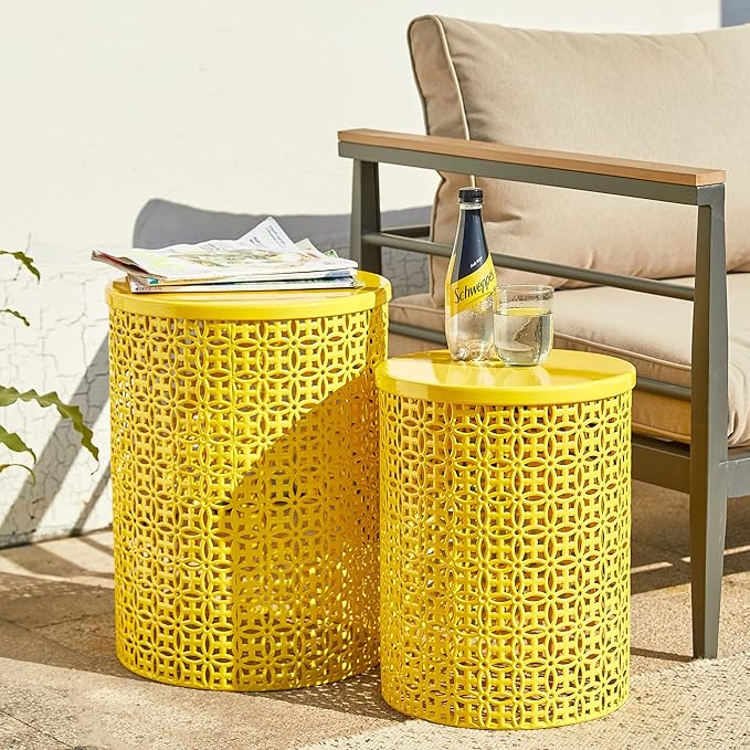 Glitzhome Outdoor Side Table Set of 2, Decorative Garden Stool for Indoor Outdoor Heavy Duty Metal Frame Accent Table Modern End Table, Glossy Yellow