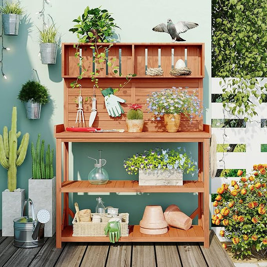 Large Wooden Farmhouse Rustic Outdoor Potting Bench Table, Patio Workstation, Garden Potting Bench with 4 Storage Shelves and Side Hook Lower Storage Shelf for Patio, Deck, Porch (Natural, 65inch)