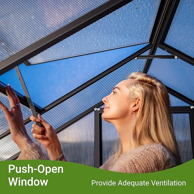 8x12 FT Greenhouse for Outdoors, Quick Setup Polycarbonate Greenhouse with Roof Vent, Aluminum Large Walk-in Green House for Outside Garden Backyard, Black