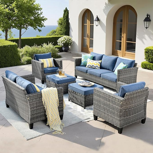 ovios Patio Furniture Set, 6 Pieces Outdoor Wicker Sofa Couch with Loveseat, Ottomans and Comfy Cushions, All Weather High Back Rattan Conversation Set, Denim Blue