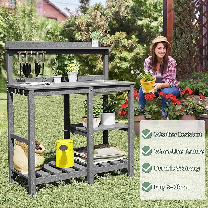 FOOWIN Potting Bench, HDPE Outdoor Potting Table with Sink, All-Weather Potting Benches for Outside, Gardening Table with Storage Shelf, Hook, for Garden, Patio, Lawns, Grey