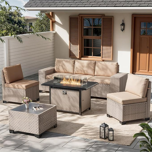 7 Pieces Patio Furniture Set with Fire Pit Table, Outdoor Sectional Wicker Sofa with Thickened Cushions and Coffee Table, High Back Rattan Patio Conversation Sets, Khaki