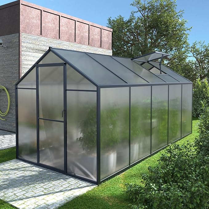 BlueWish 6x10FT Greenhouses for Outdoors, Aluminum Greenhouse with Adjustable Vents, Rivet Structure, Walk-in Green House with Polycarbonate, Heavy Duty Greenhouse Kit for Garden, Gray