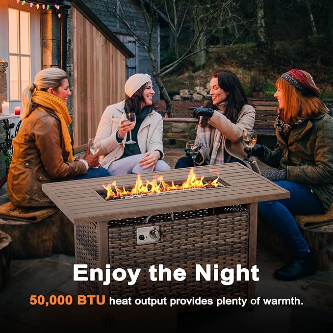 Nuu Garden 43” Propane Fire Pit, CSA-Listed Rattan Outdoor Fire Pit Table, 50,000 BTU Smokeless Gas Fire Table with Lid and Glass Beads, 2-in-1 Rectangular Fire Table for Outside Backyard Patio, Brown