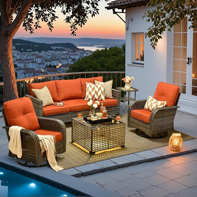 HOOOWOOO Outdoor Patio Furniture Set,5 Pieces Wicker Conversation Set,All Weather Couch Set with Swivel Chairs Solar Light Table 5 Seaters for Out Door Yard(Brick Red)