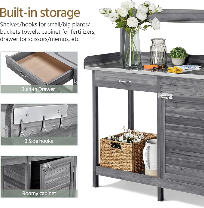 Yaheetech Outdoor Potting Bench Table, Garden Workstation w/Metal Tabletop/Cabinet Drawer/Open Top/Lower Shelf/Handy Hooks for Horticulture,Gray