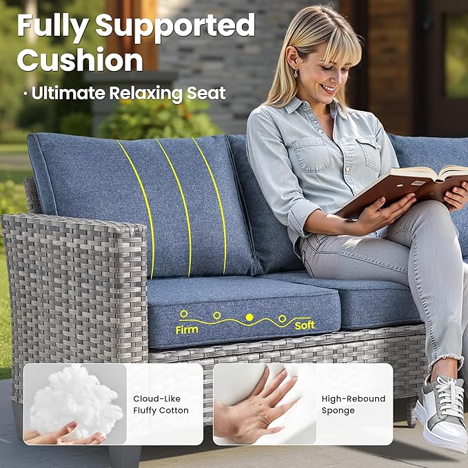 ovios Patio Furniture Set, 6 Pieces Outdoor Wicker Sofa Couch with Loveseat, Ottomans and Comfy Cushions, All Weather High Back Rattan Conversation Set, Denim Blue