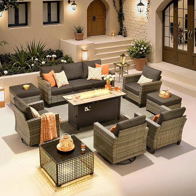 ovios 10 Pieces Patio Furniture Set with Swivel Chairs Rocking Gliders, 54" Fire Pit Table, Outdoor Sofa Couch with Solar Lights Table, Modern Deep Seat Wicker Rattan Conversation Set, Black