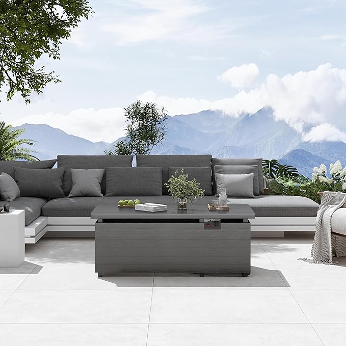 Sundale 50 Inch Outdoor Fire Pit Table, 50,000BTU Rectangle Propane Fire Pit with Glass Wind Guard, Rain Cover, Removable Lid, CSA Certified, Gray