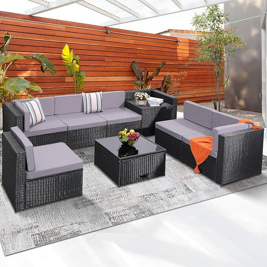 8 Pieces Outdoor Wicker Rattan Patio Furniture Sectional Set, Glass Top Table with Hidden Storage, 7 Sofa Sections, Oversized Cushions, Black Color Rattan with Light Grey Cushion