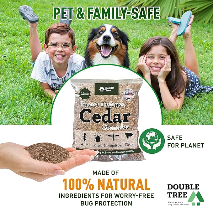 Double Tree Home and Garden Cedar Granules | Repels Fleas, Ticks, Ants, and Mosquitos | Rich Cedar Scent | Non Toxic | Pet Safe | 4 Bags (64 Quarts)