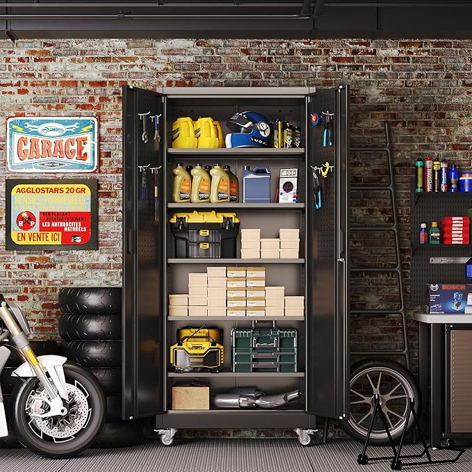 Garage Storage Cabinet with 5 Adjustable Shelves and Door Pegboard,Metal Storage Cabinet with Wheels for Garage Home,Required Assembly,Black, 71" H×32" W×16" D