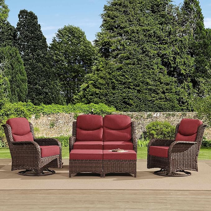 HILLGA Luxury High Back Patio Furniture Set with 6-Inch Thick Cushion, 5-Piece Outdoor Conversation Set with Loveseat, Swivel Rocker Chairs & Ottomans, Ideal for Porch Pool Deck Yard (Burgundy)