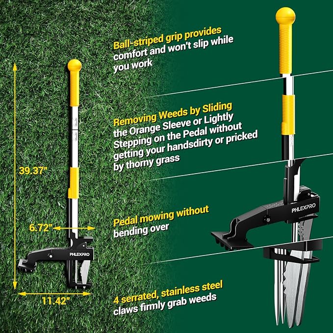 4-Claw Stand Up Weed Puller Tool, Gardening Hand Weeding Tool with 39.3" Long Ergonomic Handle with Easy-Eject Mechanism-Yellow