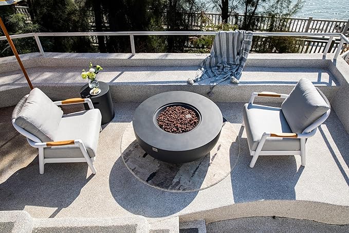 AMS Creations | Eclipse 44" Round Cast Concrete Propane Gas Fire Pit Bowl Table | Dark Gray | Smooth Texture Surface | Electronic Ignition | Outdoor Patio Heater Outside Backyard Fireplace