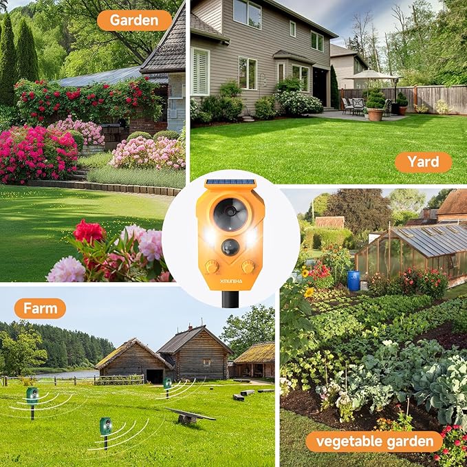 Solar Ultrasonic Animal Repellent Outdoor, Deer Repellent for Yard with RIP Sensor, IP65 Waterproof Squirrels Repeller, Effective Deterrent Cat, Raccoons, Skunks, Rabbits - Orange