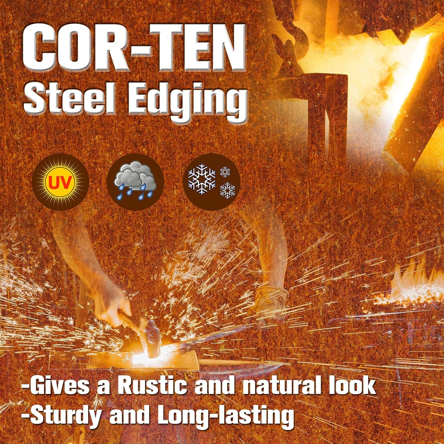 Worth Garden 6 Pack Pre-Rusted Cor-Ten Steel Landscape Edging - 40" L x 5.5" H Each (20ft Total) - No-Dig Hammer-in Heavy Duty 14-Gauge Metal Border w/ 7 Clips & Gloves - Edge for Lawn Yard