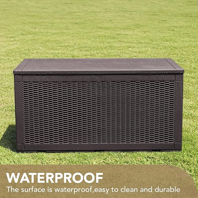Devoko 100 Gallon Waterproof Large Resin Deck Box Indoor Outdoor Lockable Storage Container for Patio Furniture Cushions Garden Tools (100 Gallon, Dark Brown)