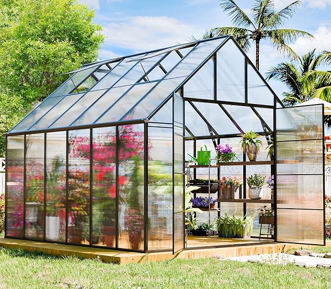 Outdoor Polycarbonate Greenhouse 12x10x10 FT Aluminum Frame Transparent Panels Heavy Duty Green House Kit with Windows Vents Door for Backyard Garden, Large Outsides Walk in Plant Greenhouses,Black
