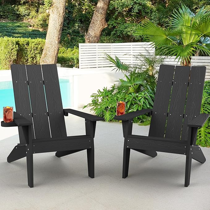 MXIMU Modern Adirondack Chairs Set of 2 Weather Resistant with Cup Holder Oversize Plastic Fire Pit Chairs Adorondic Plastic Outdoor Chairs for Firepit Area Seating (Black)