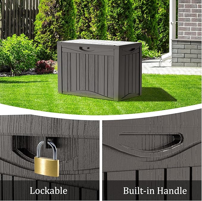 50GAL Brown Deck Box with Special Pattern and Lock Hole - Waterproof, SGS - Approved UV Resistance, Stylish Storage for Outdoor Cushions and Decor, Effortless Assembly Process