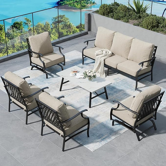 6 Piece Metal Outdoor Patio Furniture Set, Patio Conversation Set 1 3-seater Sofa, 2 Rocking Chair, 2 Leg Chair with 5.75" Thick Cushion and Coffee Table, Backyard Furniture Set, Beige