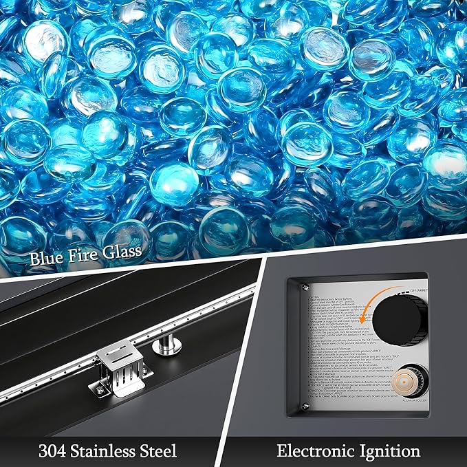 UPHA 56-inch Outdoor Propane Gas Fire Pit Table 50000 BTU Iron Rectangle Firepit for Outside Patio with Tank Hidden Table, Wind Guard, Removable Lid, Blue Glass Rocks, Rain Cover, Dark Grey