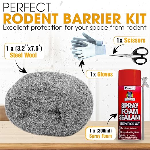 [Upgraded] Rodent Barrier Kit, Steel Wool Included PU Spray Foam Hole Filler for Mice Control 3.2"x7.5’ Rodent Control Fill Fabric, Gloves, Scissors,Gap Blocker in Hole Pipeline Vent in House, Garage