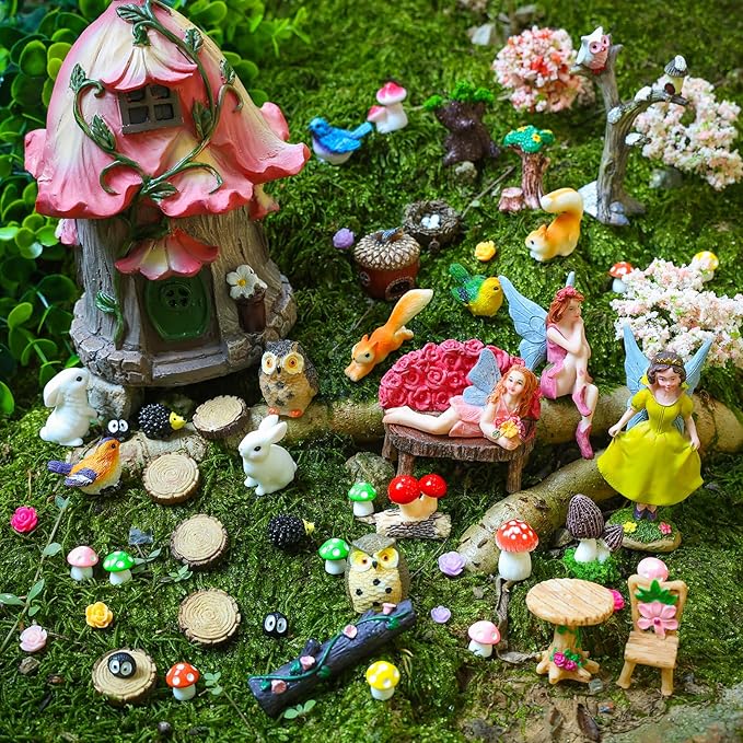 93 Pcs Fairy Garden House Resin Accessories Fairy Elves Kit Miniature Fairy Figurines Ornaments Animals Decor Outdoor for DIY Dollhouse