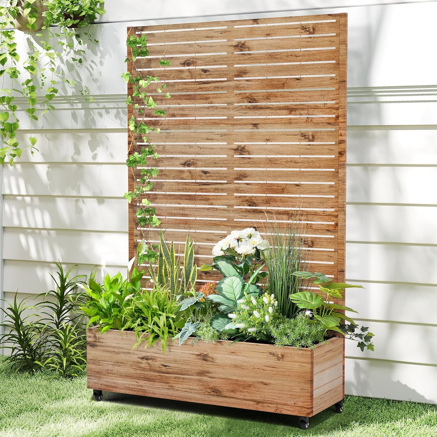 Raised Garden Bed with Trellis and Wheels,73"x47"x16" Metal Raised Garden Bed,Brown Wood Finish Metal Planter with Climbing Trellis for Vines & Vegetables