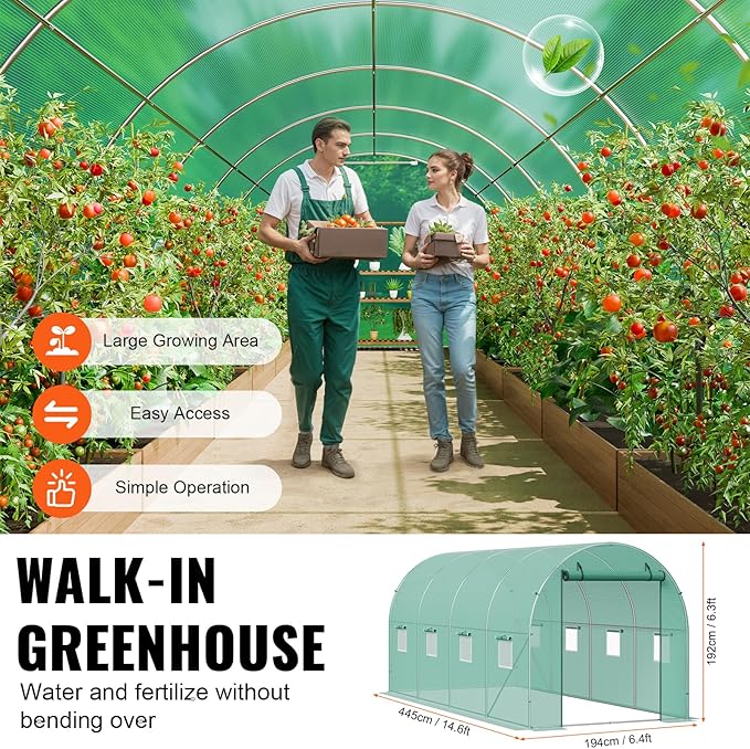 VEVOR Walk-in Tunnel Greenhouse, 14.6x6.4x6.3 ft Hoop House Greenhouse Tunnel, Plant Hot House with Galvanized Steel Frame, Green PE Cover, Roll-up Zipper Door and 8 Windows for Outdoor