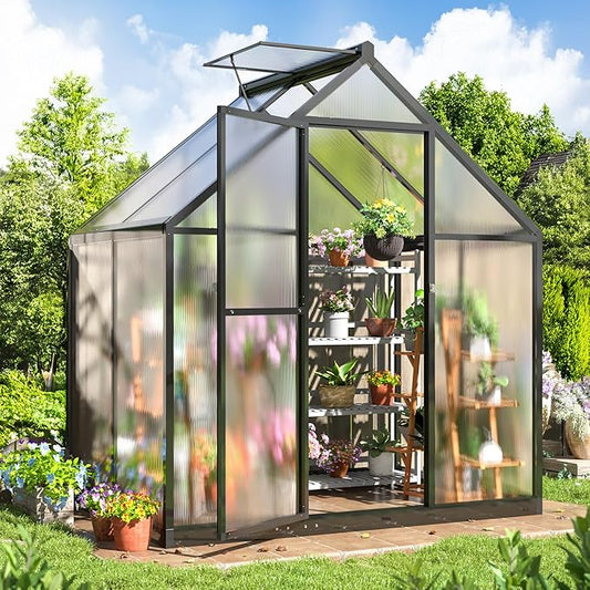 WKM Greenhouse for Outdoors 4x6 FT, Polycarbonate Green House with Roof Vent and Quick Setup Structure, Aluminum Greenhouse for Garden Backyard, Black
