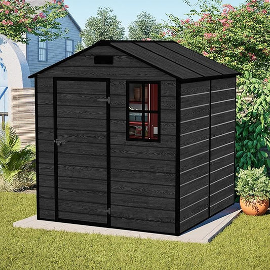 Outdoor Storage Shed 6x6 FT, Resin Shed with Floor, Waterproof Plastic Garden Bike Shed with Lockable Door, Sloped Roof, Vents & Windows, Tool Shed for Patio, Backyard, Lawn (Wood Grain Black, 6X6ft)