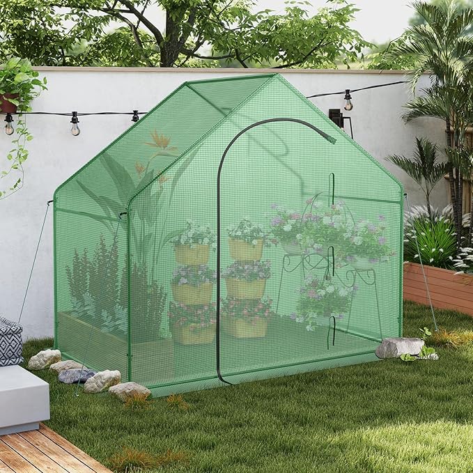 HAPPYGRILL Walk-in Greenhouse, 6 x 3 x 5.5 FT Portable Outdoor Green House for Winter w/ PE Cover, Rustproof PE-Coated Metal Frame, Roll-up Zippered Door, Window, Greenhouse for Outdoors