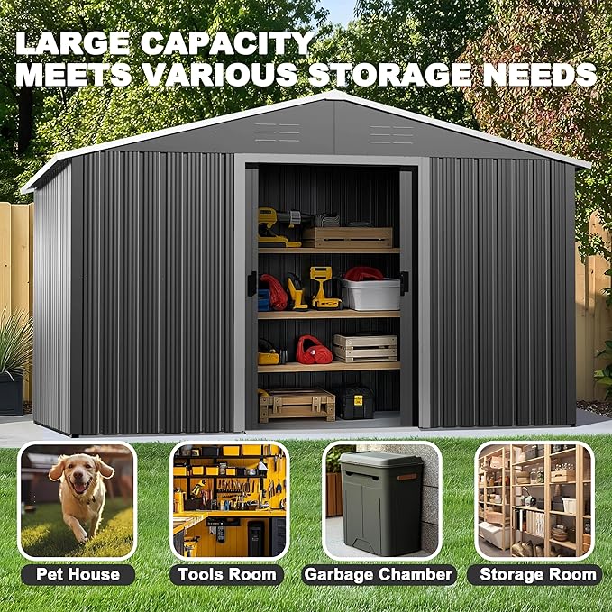 Nuu Garden 8 x 10 FT Outdoor Storage Shed with Sliding Doors, Galvanized Sheet Tool Shed with Sloping Roof, Anti-Corrosion Garden Shed with Air Vents for Backyard Patio Lawn, Black