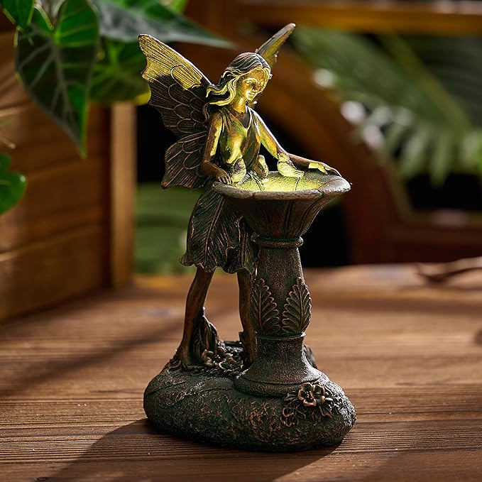 TERESA'S COLLECTIONS Fairy Garden Statues with Solar Outdoor Light for Outdoor Decor, Bronze Fairy Resin Garden Sculptures & Statues Decor, Yard Art for Lawn Housewarming Gifts for Mom 9.4"