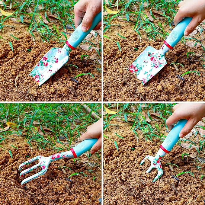 JUMPHIGH Floral Garden Tools Set, 11 PCS Heavy Duty Gardening Tools Includes Hand Trowel Rake Weeder Pruner Sprayer, Gardening Gifts for Women, Garden Kit with Storage Tote Bag and Garden Gloves