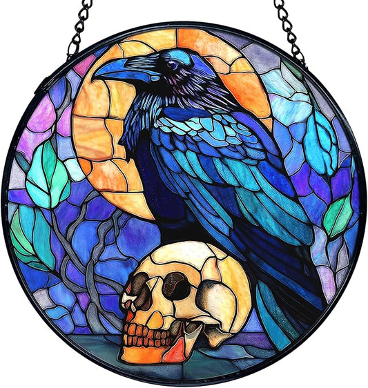 TNUW Black Raven Halloween Stained Glass Window Hanging, Gothic Skull Black Crow Sun Catchers Indoor Window Glass Round Wall Art Decor, Halloween Wall Hanging Decorations, 7.9＂x7.9＂